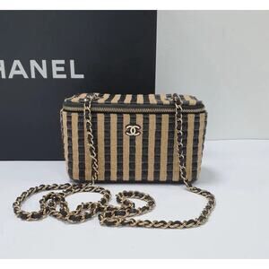 Chanel Vanity Chain Raffia Jute Thread Black Beige Bag
